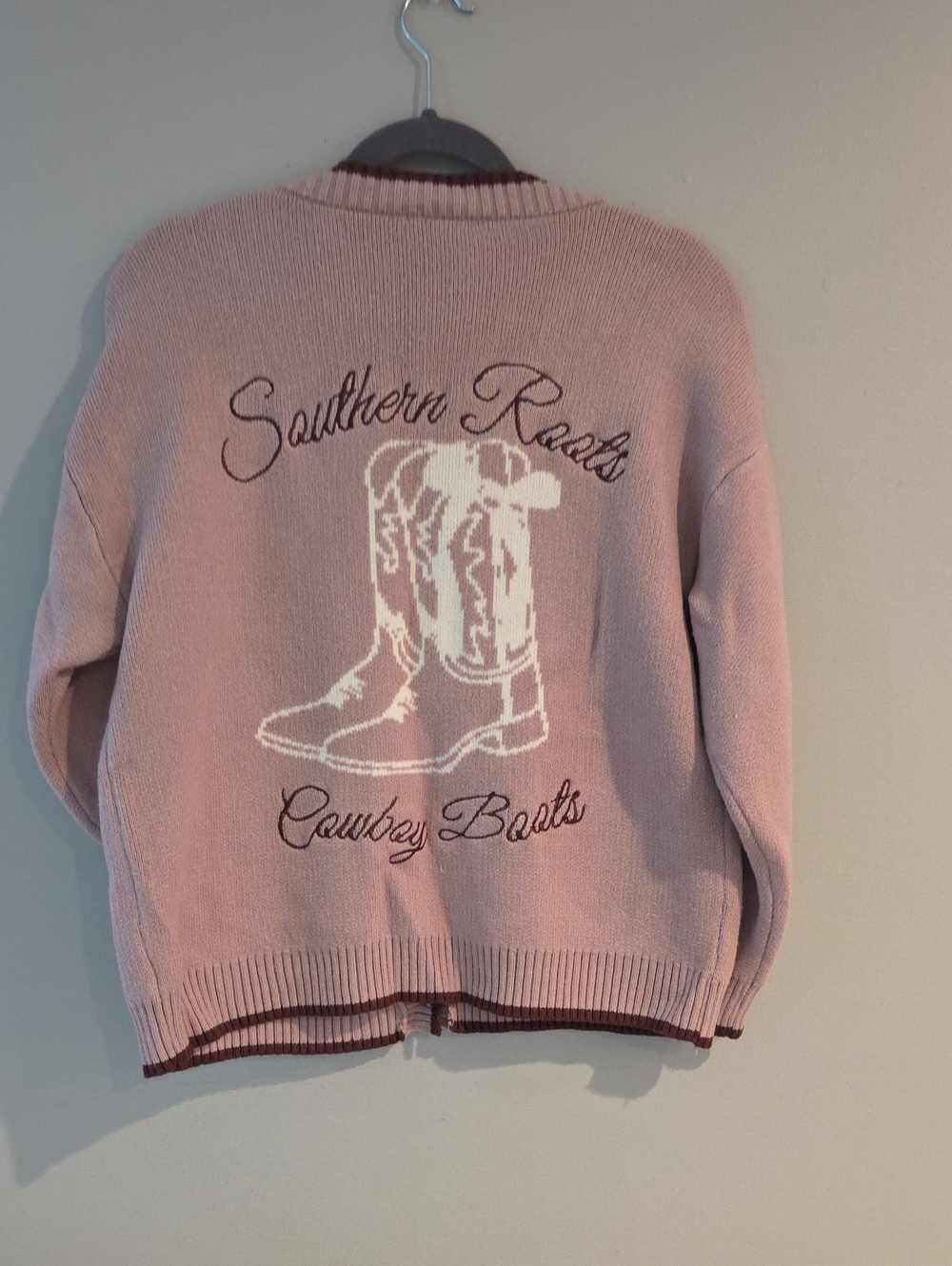 BaeVely Pink Cowboy Boots Knit Cardigan Sweater